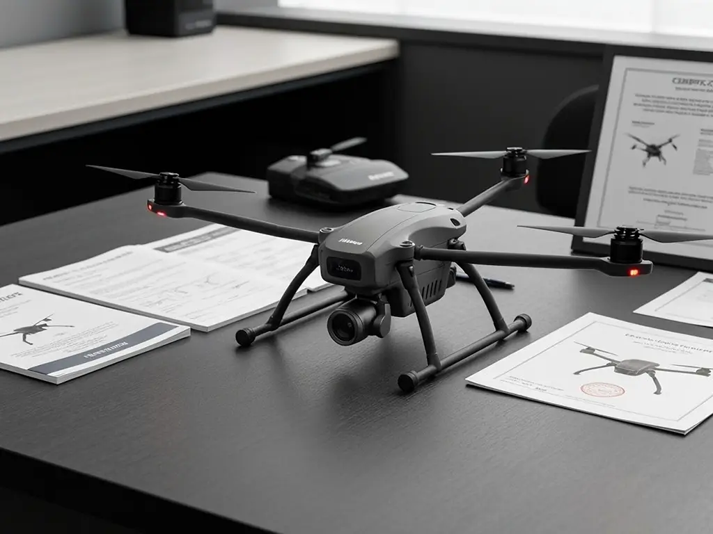 Professional drone training setup showing Part 107 exam preparation materials, study guides, and certification documentation used in Flying Lion’s law enforcement and public safety drone pilot training program.