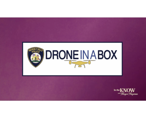 Beverly Hills Police Drone-in-a-Box program graphic displayed during a public safety announcement